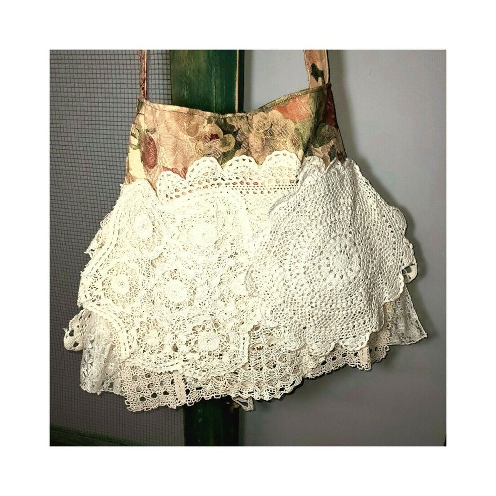 Boho Handbag Gypsy Purse Unique Hippie Bag Vintage Crochet Lace Doilies Fringe - Picture 7 of 11